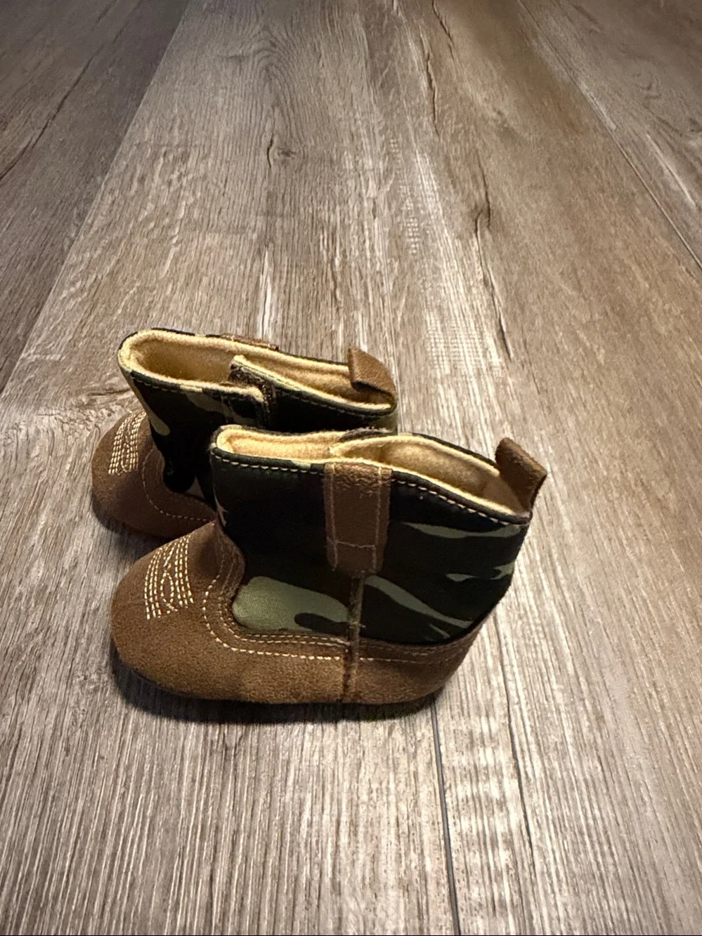 Rising Star infant camo and tan suede soft-sole cowboy booties